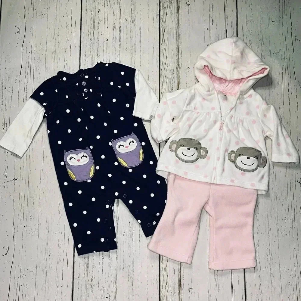 Carter’s baby girl outfits- 1 piece navy with owl, 2 piece pink with monkey 3 MO